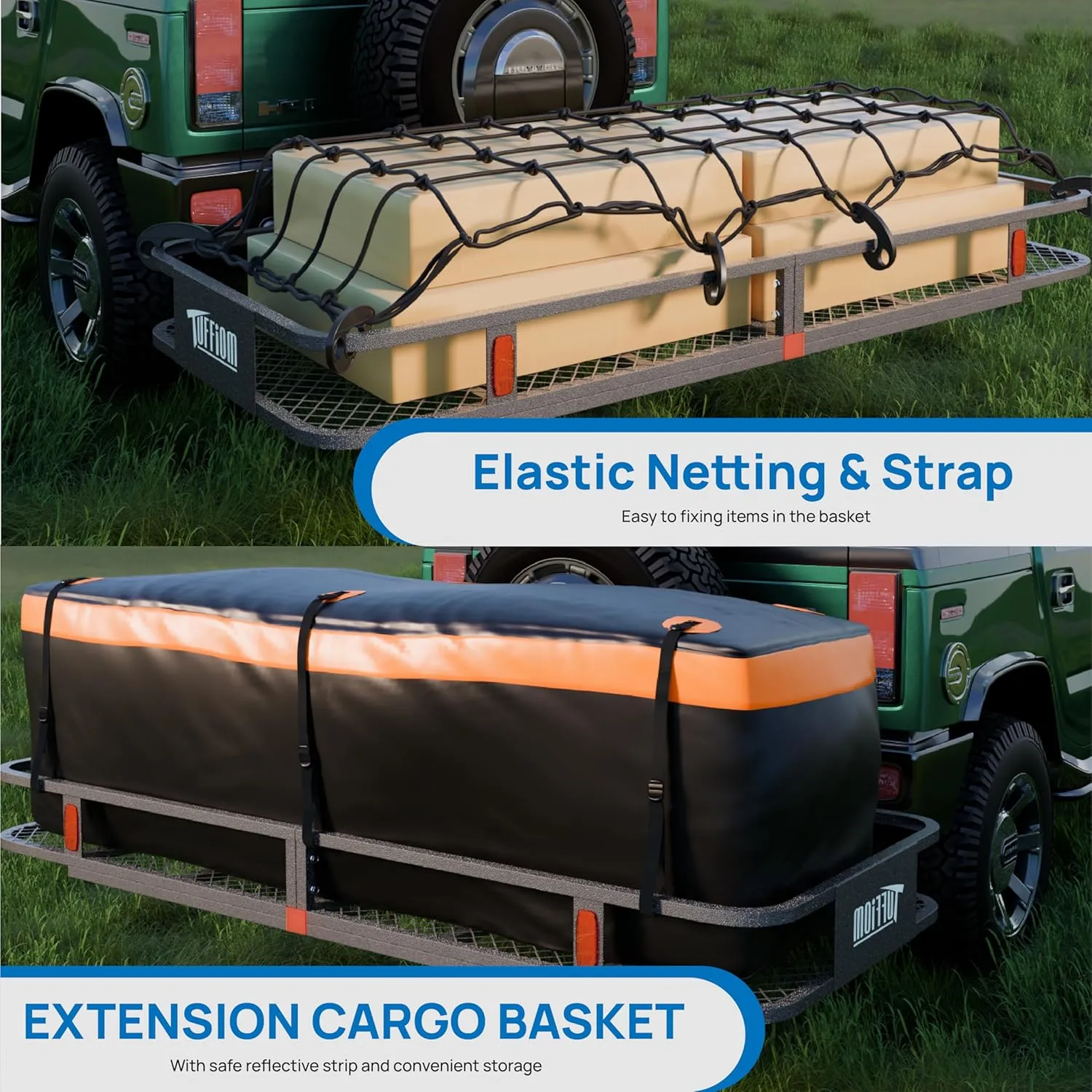 TUFFIOM 60"x24"x6" Folding Hitch Mount Cargo Carrier Basket, 500lbs Steel Car Cargo Trailer Hitch Luggage Rack, w/Hitch Lock Password Lock Net Waterproof Cargo Bag Straps Stabilizer for SUV Truck Van