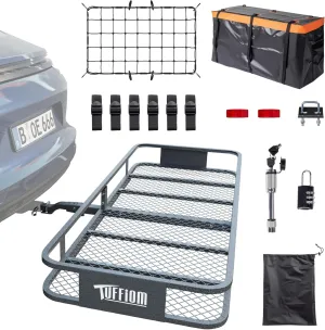 TUFFIOM 60"x24"x6" Folding Hitch Mount Cargo Carrier Basket, 500lbs Steel Car Cargo Trailer Hitch Luggage Rack, w/Hitch Lock Password Lock Net Waterproof Cargo Bag Straps Stabilizer for SUV Truck Van