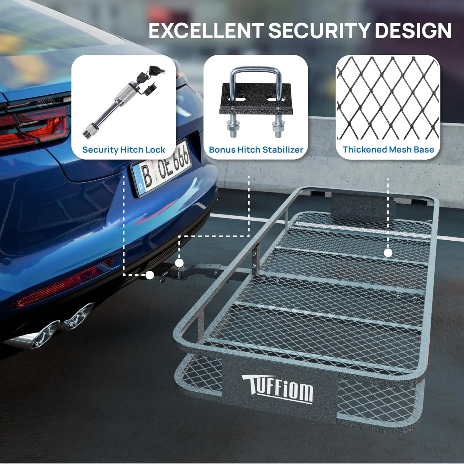 TUFFIOM 60"x24"x6" Folding Hitch Mount Cargo Carrier Basket, 500lbs Steel Car Cargo Trailer Hitch Luggage Rack, w/Hitch Lock Password Lock Net Waterproof Cargo Bag Straps Stabilizer for SUV Truck Van