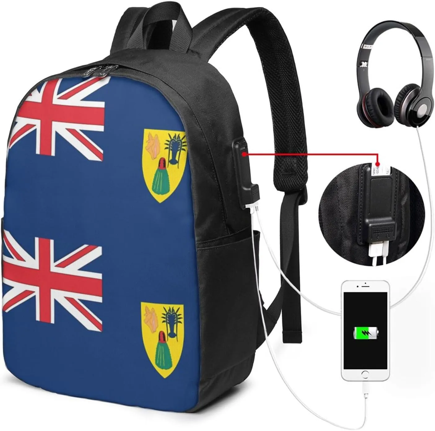 Turks Caicos Islands Flags Laptop Backpacks Travel Backpack Casual Business Daypack Sport Rucksack Computer Bag Fits up to 17 Inch Notebook with USB Port