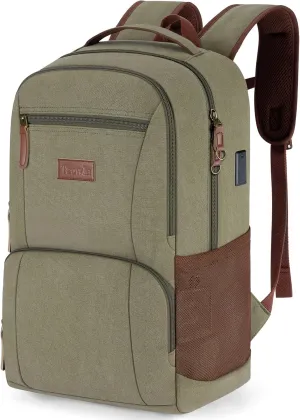 Tzowla Canvas Laptop College Backpack for Men and Women,Travel Work Vintage Rucksack with USB/Type-C Charging Port,Lightweight Hiking Casual Daypack Backpacks fit 15.6 inch Notebook,Green