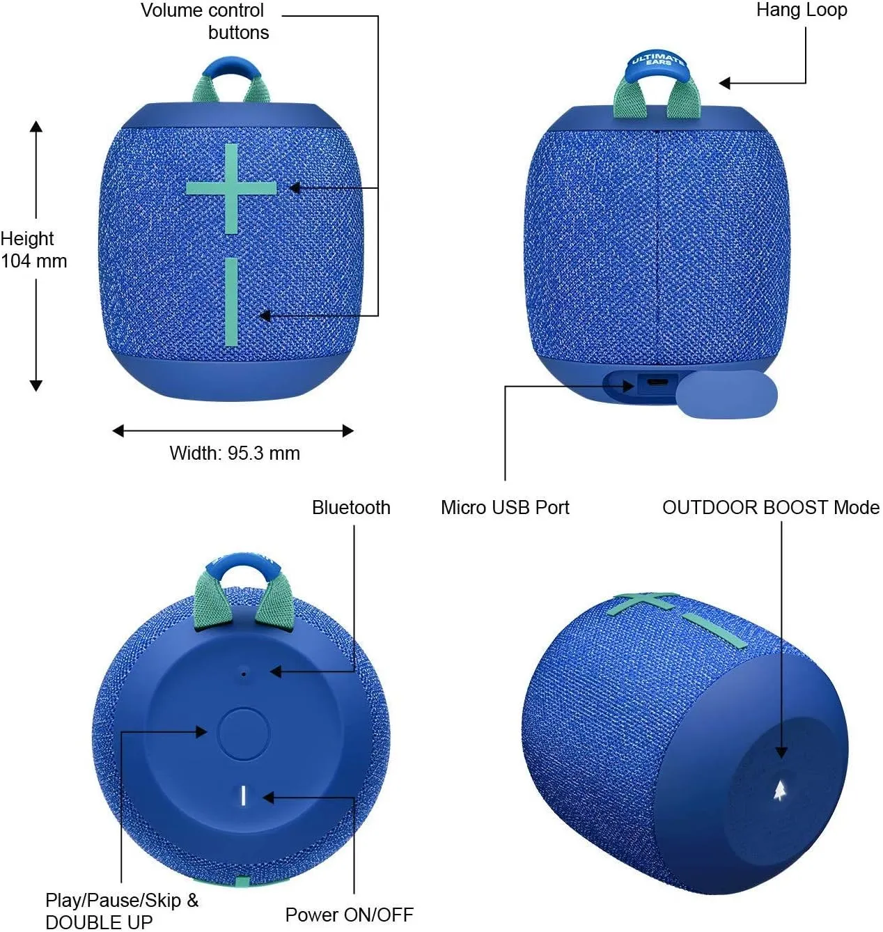 Ultimate Ears Wonderbooms 2 Wireless Speaker, Deep Bass, 360 ° Surround Sound, Waterproof, 2 Speaker Connection for Powerful Sound, 13h Battery, Bermuda Blue (Renewed)