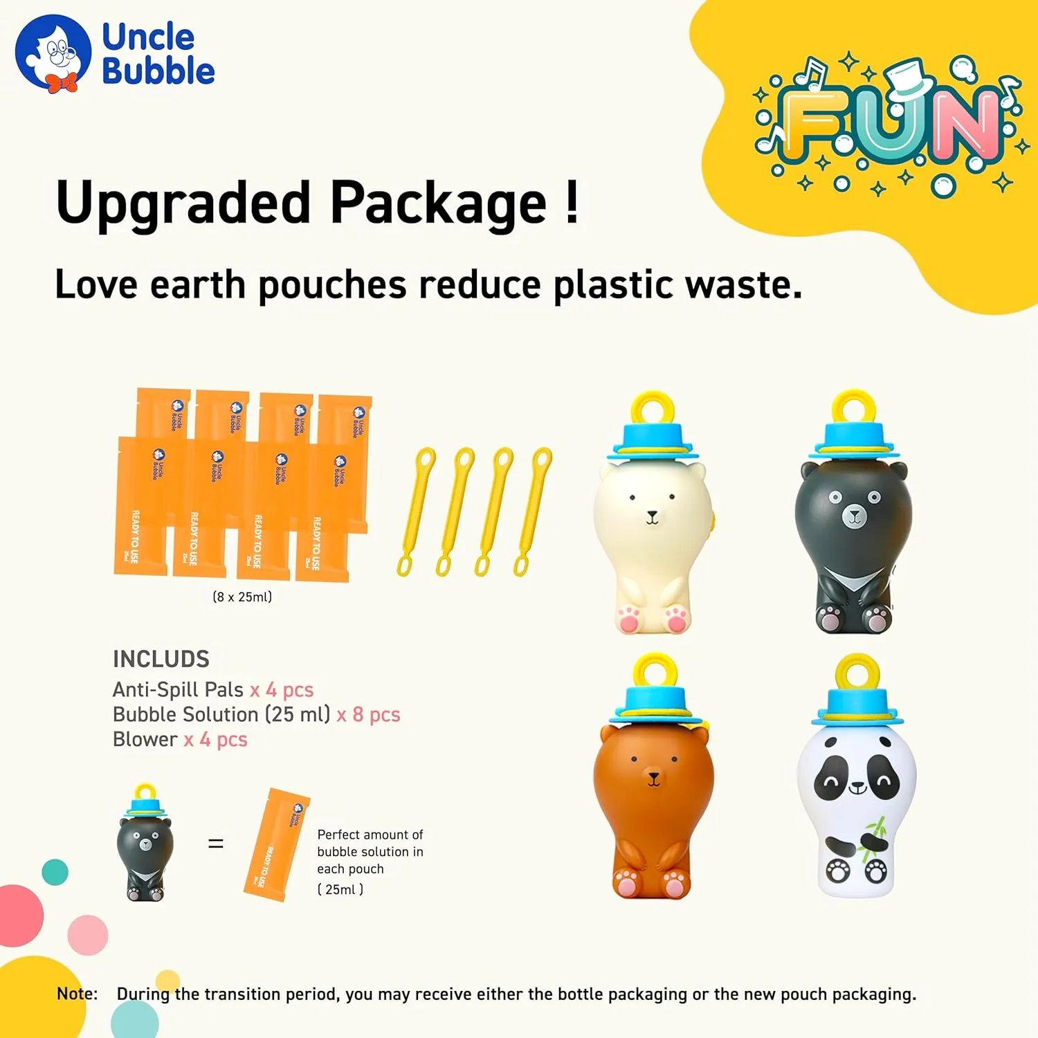 Uncle Bubble Bear Family Set, Polar, Brown, Cute Panda Bears, 8 Bubble Wands, No-Spill Super Solution, Portable Mess-Free Bubble Toys
