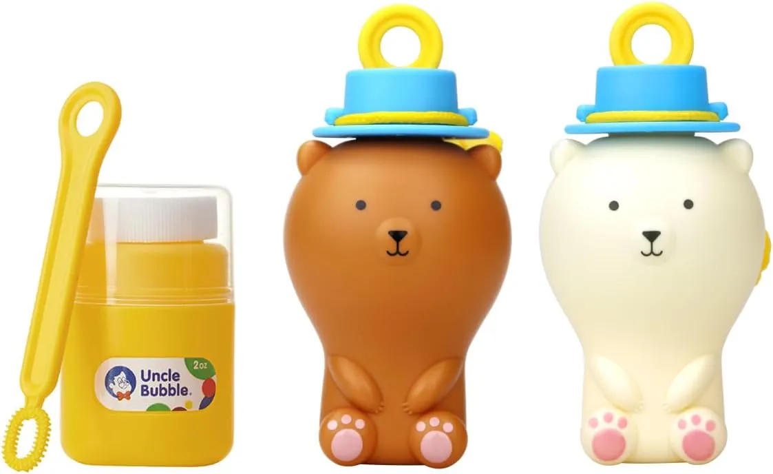 Uncle Bubble Bear Family Set, Polar, Brown, Cute Panda Bears, 8 Bubble Wands, No-Spill Super Solution, Portable Mess-Free Bubble Toys