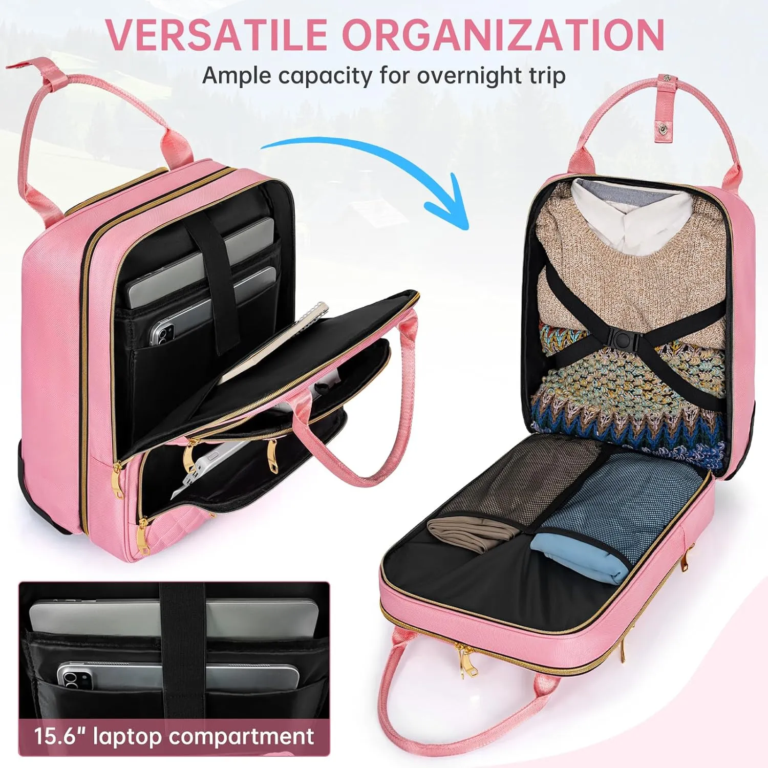 Underseat Carry On Luggage with Wheels, Stylish Lightweight Under Seat Luggage, Personal Item Suitcase with telescoping handles for Men Women, Pilots and Crew, Pink