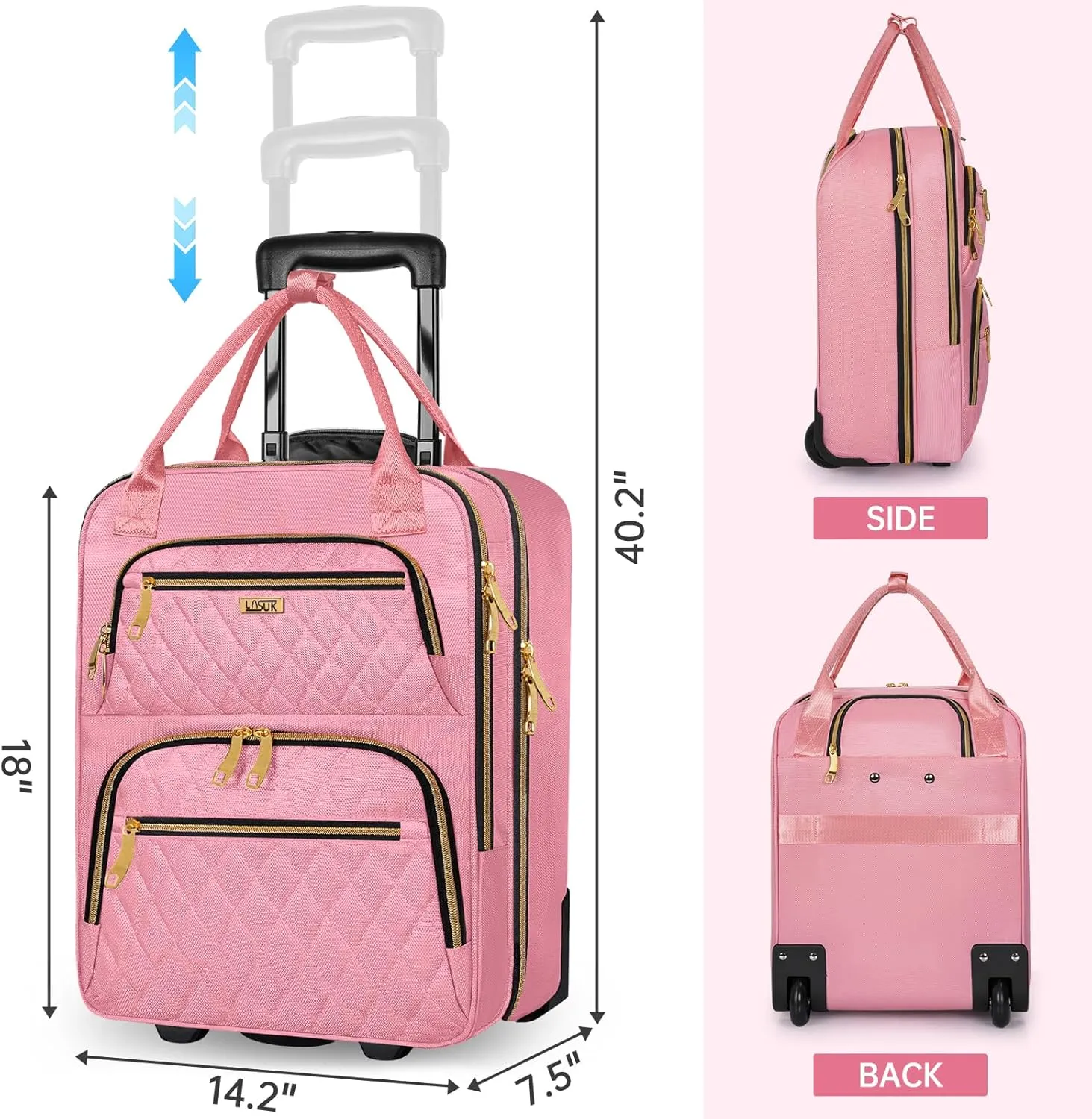 Underseat Carry On Luggage with Wheels, Stylish Lightweight Under Seat Luggage, Personal Item Suitcase with telescoping handles for Men Women, Pilots and Crew, Pink