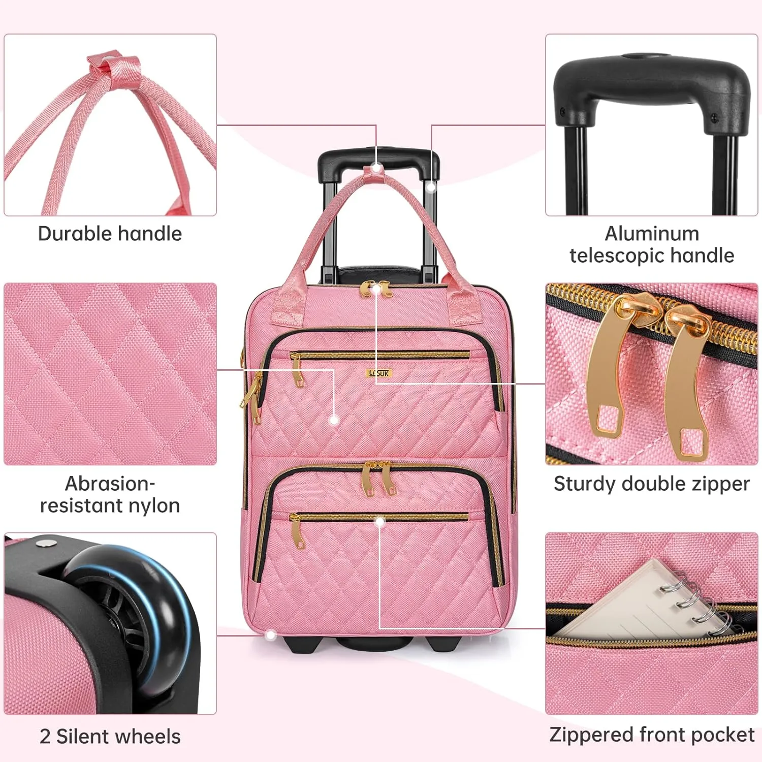 Underseat Carry On Luggage with Wheels, Stylish Lightweight Under Seat Luggage, Personal Item Suitcase with telescoping handles for Men Women, Pilots and Crew, Pink
