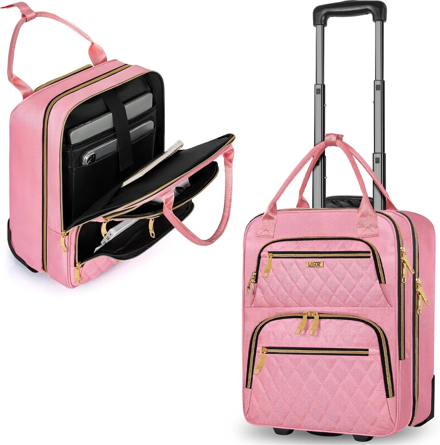 Underseat Carry On Luggage with Wheels, Stylish Lightweight Under Seat Luggage, Personal Item Suitcase with telescoping handles for Men Women, Pilots and Crew, Pink
