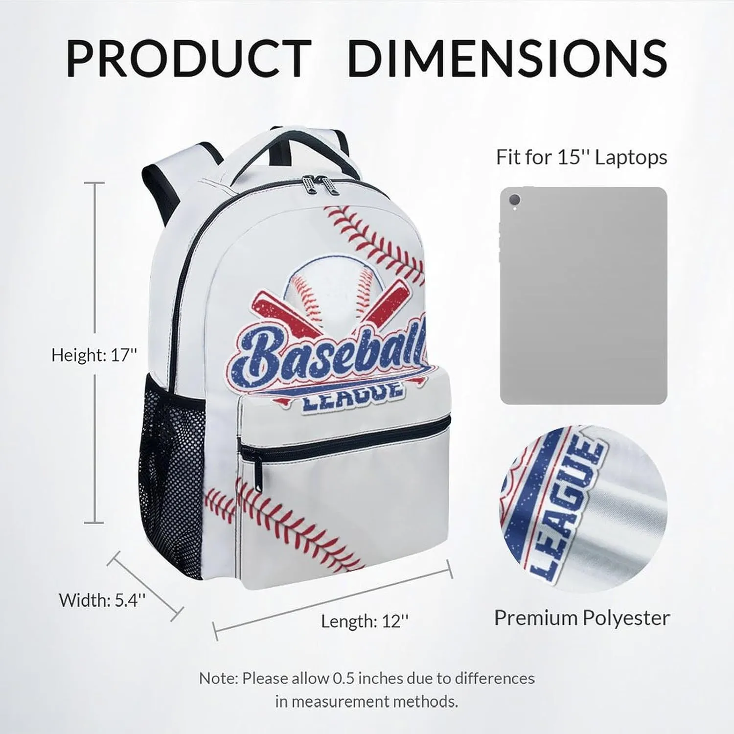 UNIKITTY Kids Backpack for Boys Girls, Baseball Backpack for Elementary Middle School, White Cute Large Capacity Bookbag with Adjustable Straps, 17" School Backpack for Kids Children