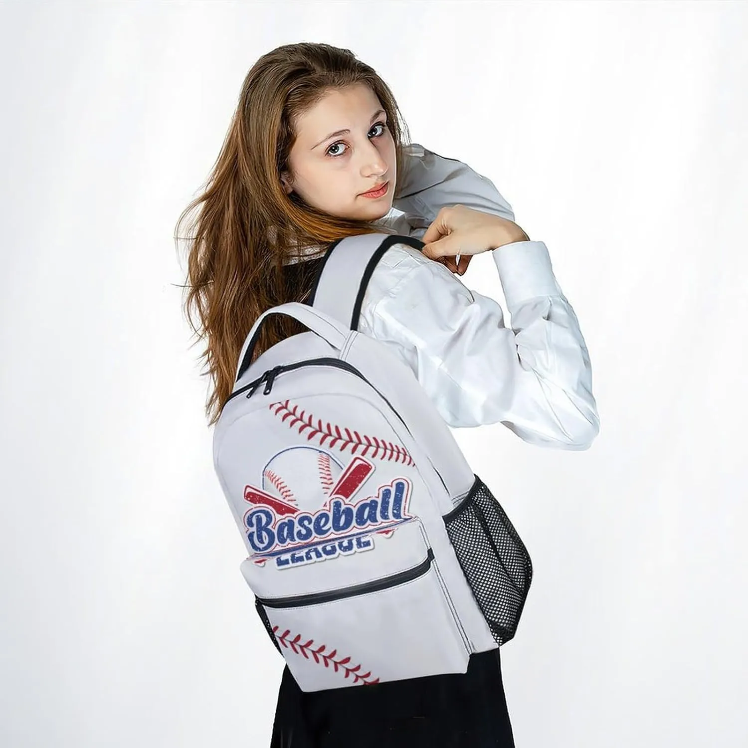 UNIKITTY Kids Backpack for Boys Girls, Baseball Backpack for Elementary Middle School, White Cute Large Capacity Bookbag with Adjustable Straps, 17" School Backpack for Kids Children
