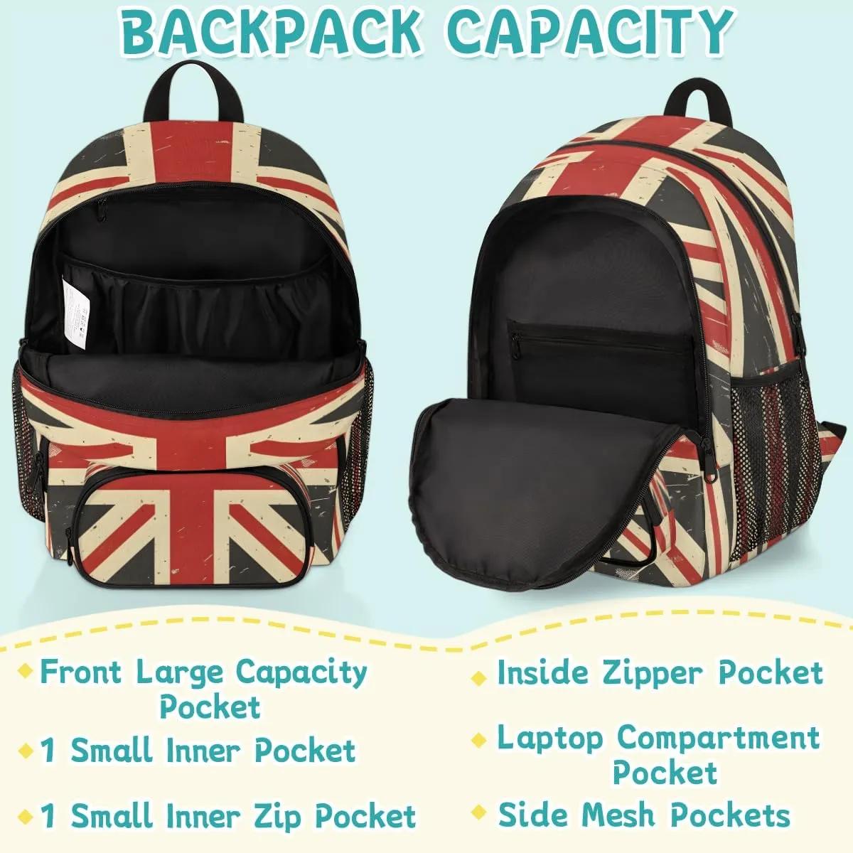 Union Jack Laptop Backpack for Women Men, 18.3 Inch Travel Work Backpacks, Retro United Kingdom Flag Waterproof Computer Casual Daypack Nurse Teacher Bags
