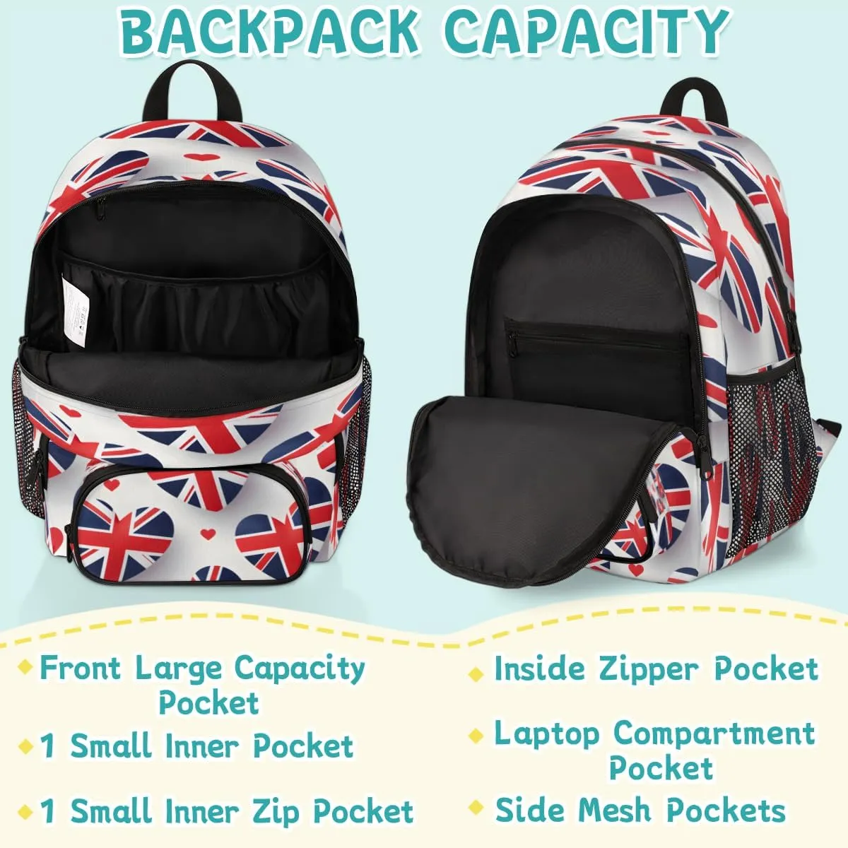 United Kingdom Flag Laptop Backpack for Women Men, 18.3 Inch Travel Work Backpacks, Union Jack Waterproof Computer Casual Daypack Nurse Teacher Bags