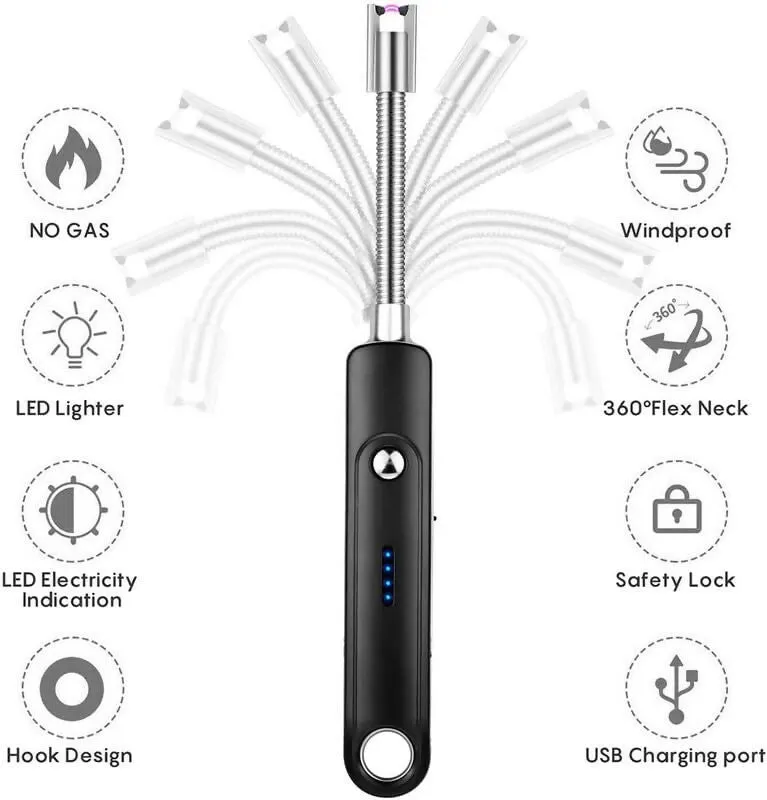 USB Rechargeable Electric Lighter Flameless Arc Lighter for Candles, Gas Stoves & Outdoor Use