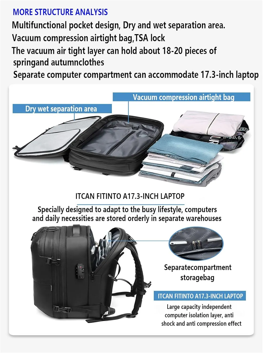 Vacuum Backpack Travel - 60L Expandable Travel Backpack, with Folding solar panel with 20W Waterproof, Anti-Theft, Ideal for Laptop, Travel, Business, College, Camping(Color:Dark gray)