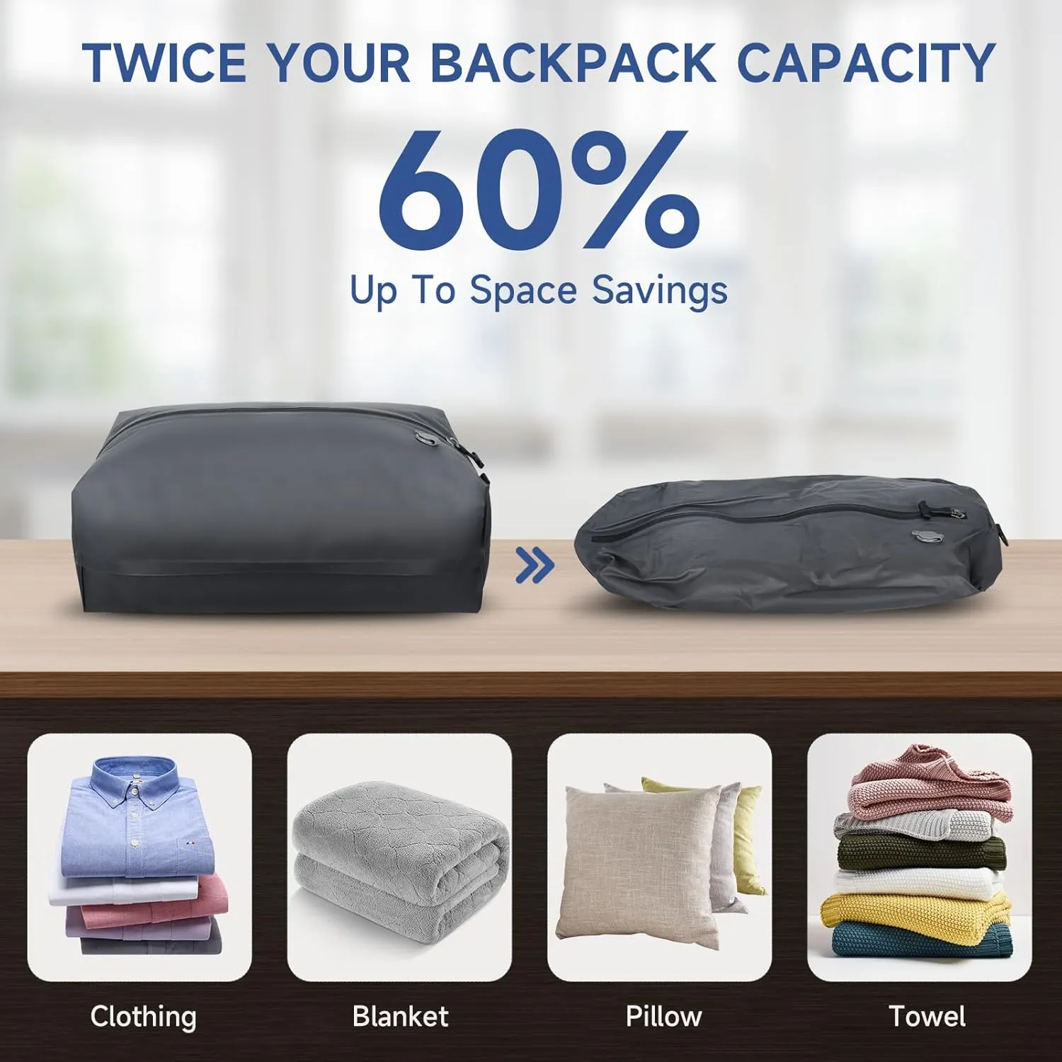 Vacuum Bag for Travel with pump,15.5L Reusable travel vacuum bags for luggage,Waterproof compression bags Space Saver Bags for Suitcases Backpack Travel and business(1PC Pump)