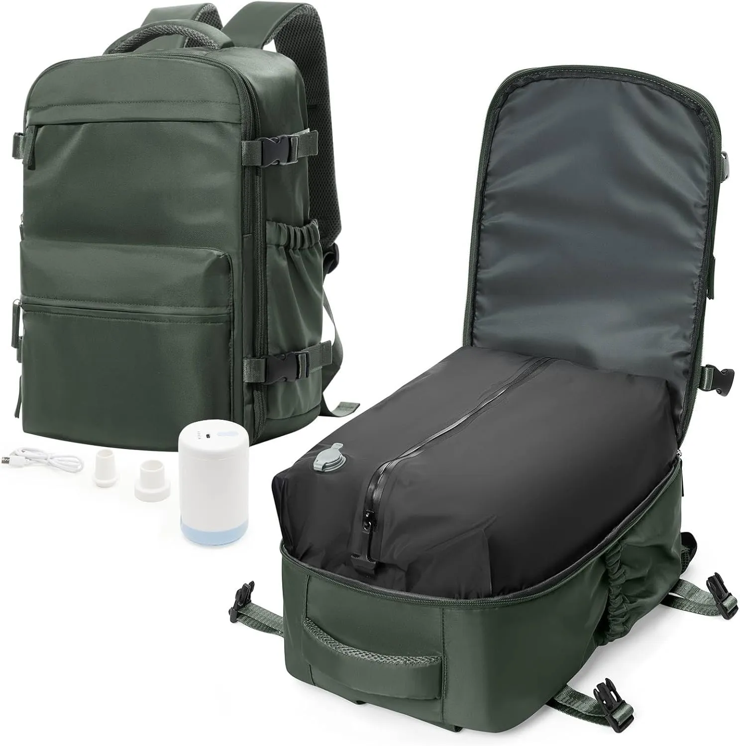 Vacuum Travel Backpack with Pump for Women,Airback Personal Item Carry on Backpacks Flight Approved 18x14x8 inches for Men,Laptop Waterproof Work Compression bags Casual Daypack Green