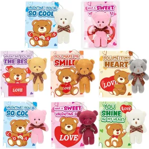 Valentines Cards for Kids Classroom, 24 Packs Valentines Cards with Stuffed Mini Bear Toys, Perfect Plush Animal Key Chains for Valentines Party Favors, Ideal Exchange Gifts for Boys & Girls School