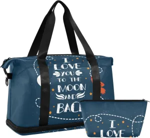 Valentine's Day I love you to the moon and back Rocket Crescent Moon Foldable Travel Bag, Camping Luggage bag, Portable Gym Bag, Sports Bag, Toiletry Bag with Handles Adjustable Shoulder Strap