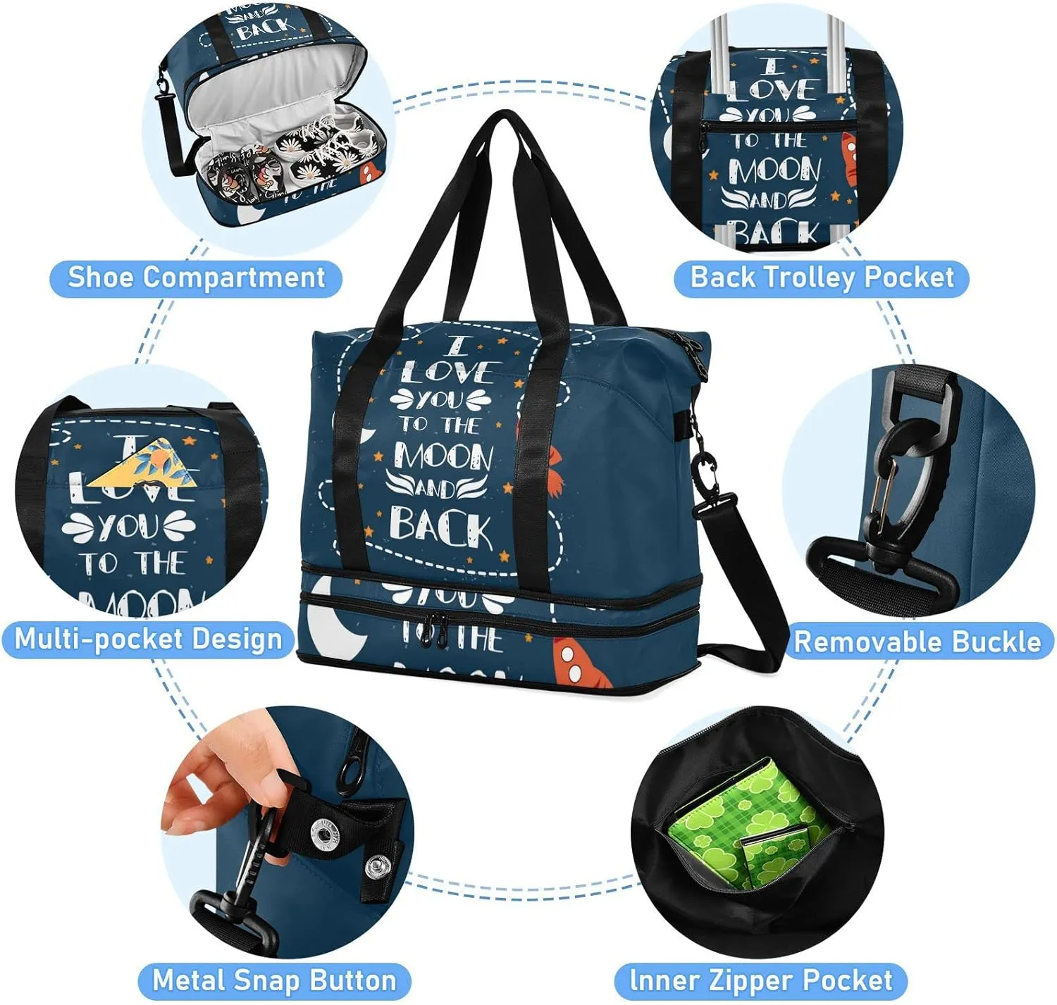 Valentine's Day I love you to the moon and back Rocket Crescent Moon Foldable Travel Bag, Camping Luggage bag, Portable Gym Bag, Sports Bag, Toiletry Bag with Handles Adjustable Shoulder Strap