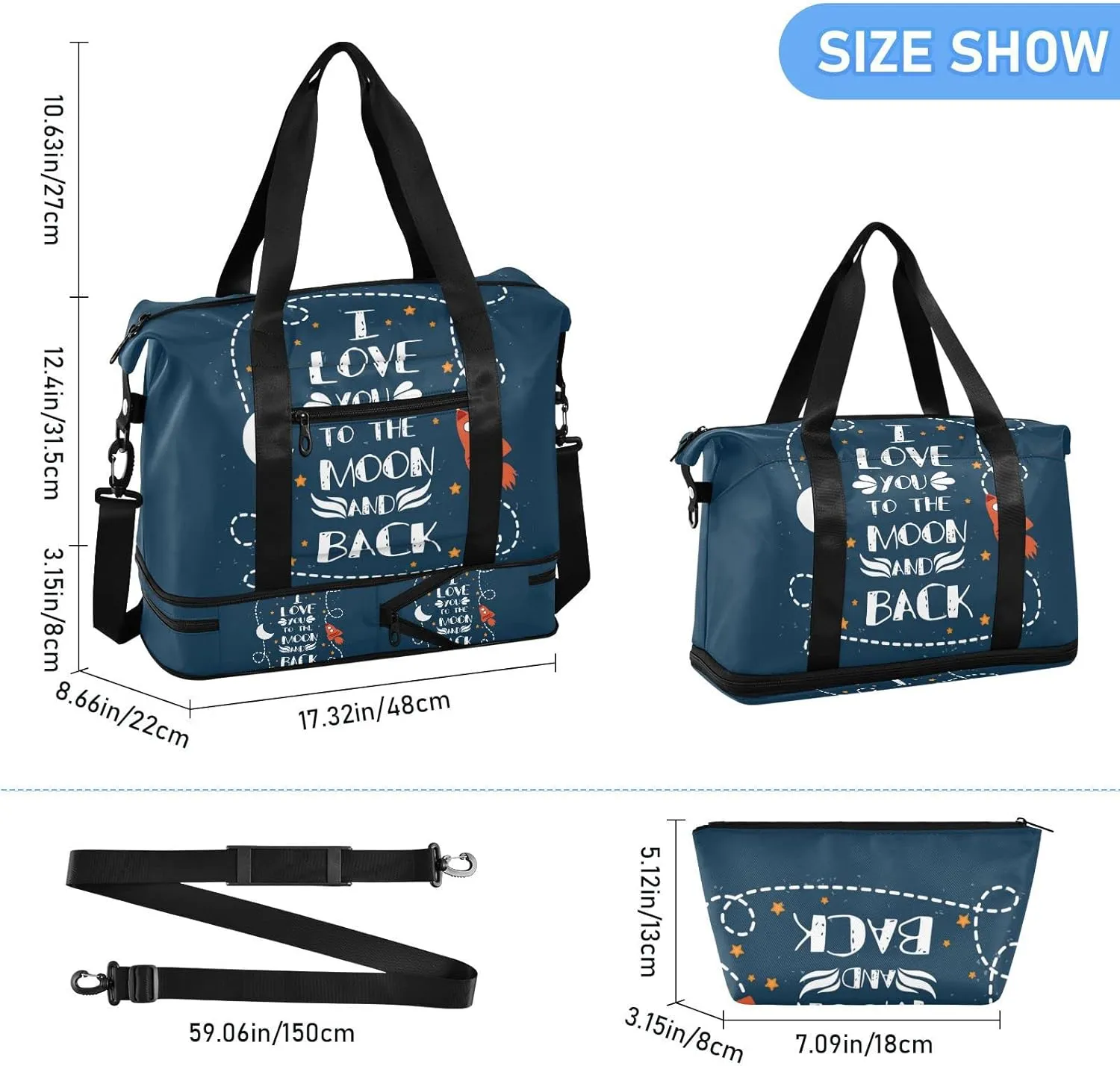 Valentine's Day I love you to the moon and back Rocket Crescent Moon Foldable Travel Bag, Camping Luggage bag, Portable Gym Bag, Sports Bag, Toiletry Bag with Handles Adjustable Shoulder Strap