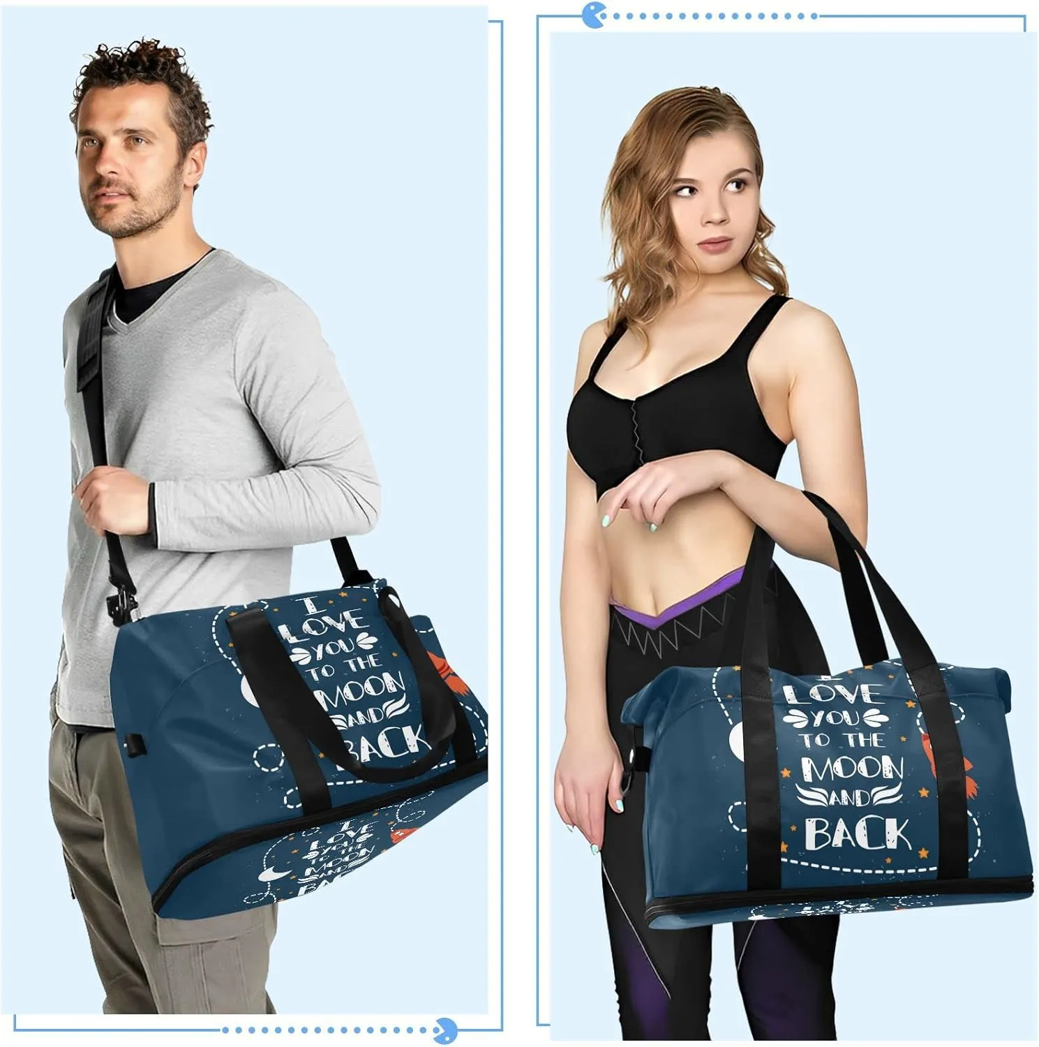Valentine's Day I love you to the moon and back Rocket Crescent Moon Foldable Travel Bag, Camping Luggage bag, Portable Gym Bag, Sports Bag, Toiletry Bag with Handles Adjustable Shoulder Strap