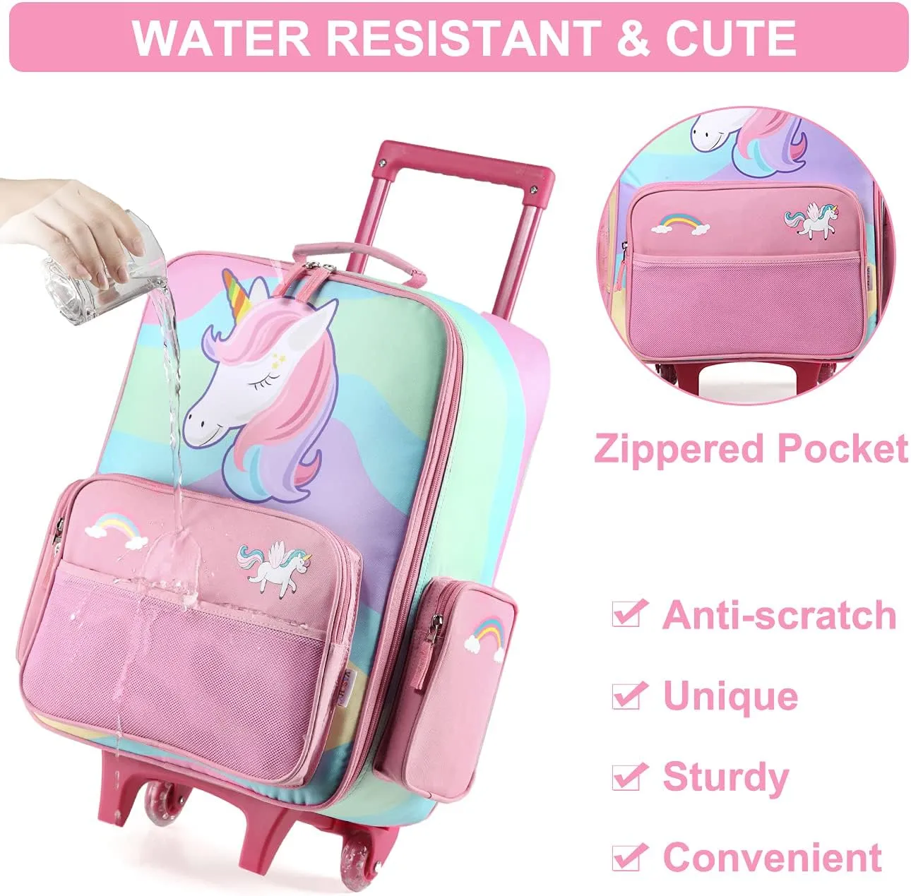 VASCHY Kids Luggage for Girls, Cute Rolling Travel Carry on Suitcase for Toddlers/Children with Wheels 18inch Unicorn