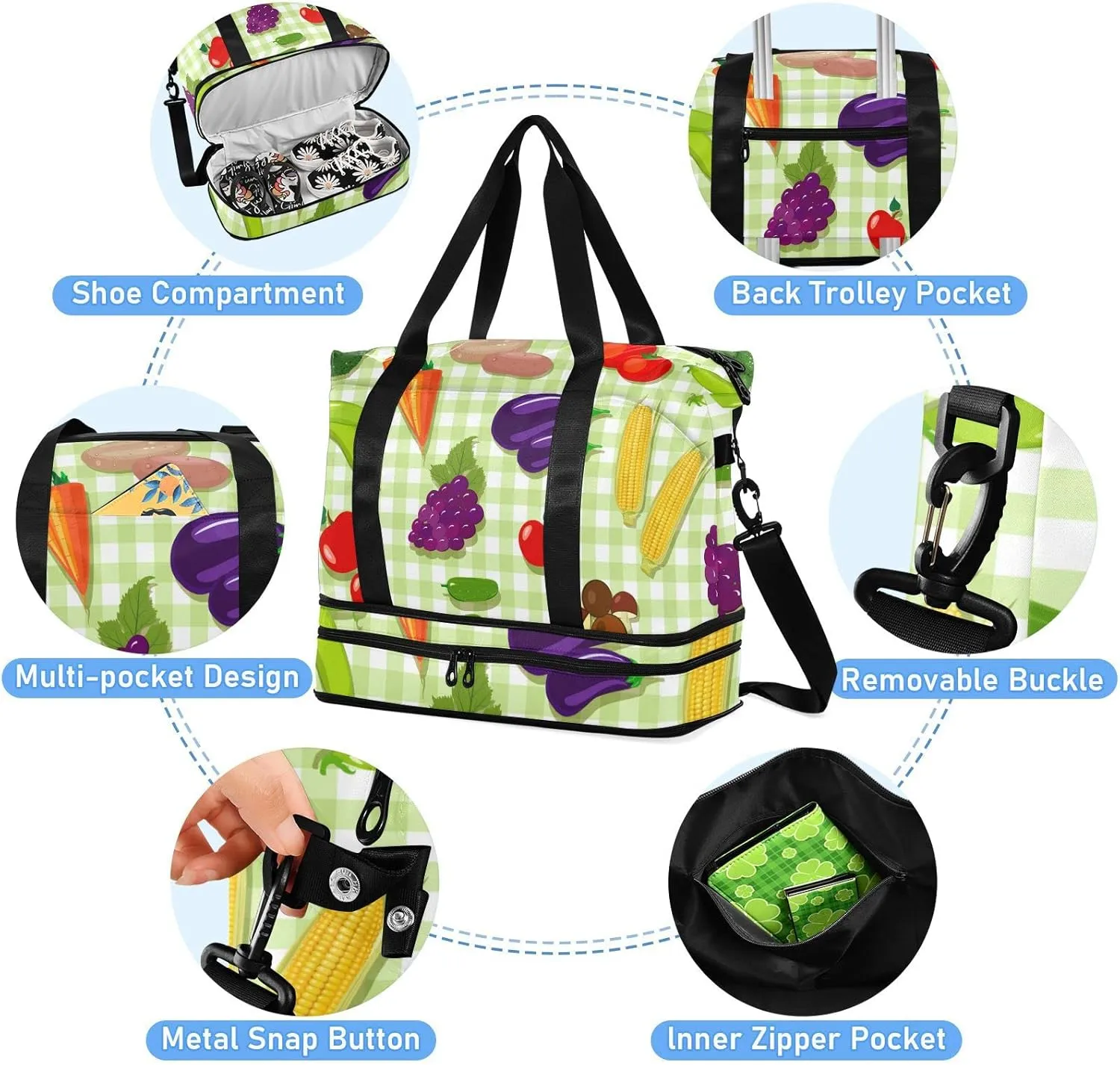 Vegetable Seamless Texture on Green Plaid Checker Foldable Travel Bag, Camping Luggage bag, Portable Gym Bag, Sports Bag, Toiletry Bag with Handles Adjustable Shoulder Strap