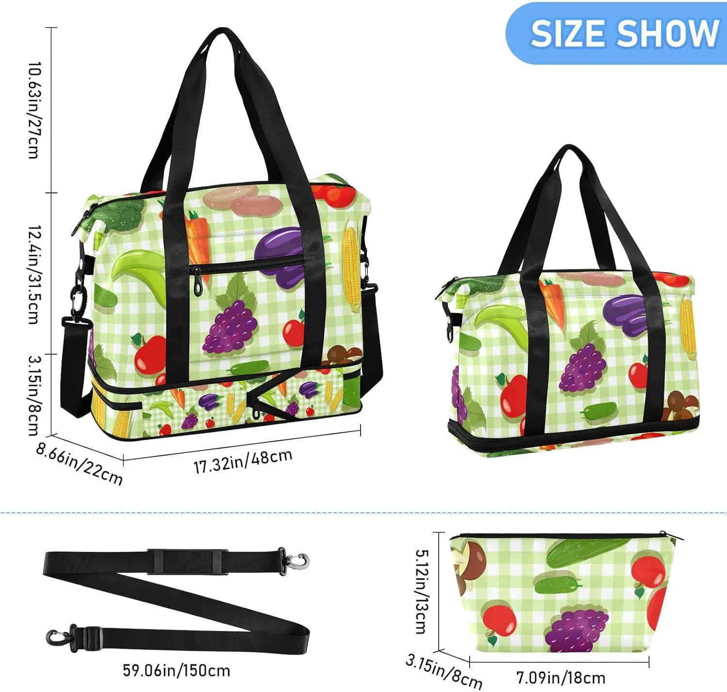 Vegetable Seamless Texture on Green Plaid Checker Foldable Travel Bag, Camping Luggage bag, Portable Gym Bag, Sports Bag, Toiletry Bag with Handles Adjustable Shoulder Strap