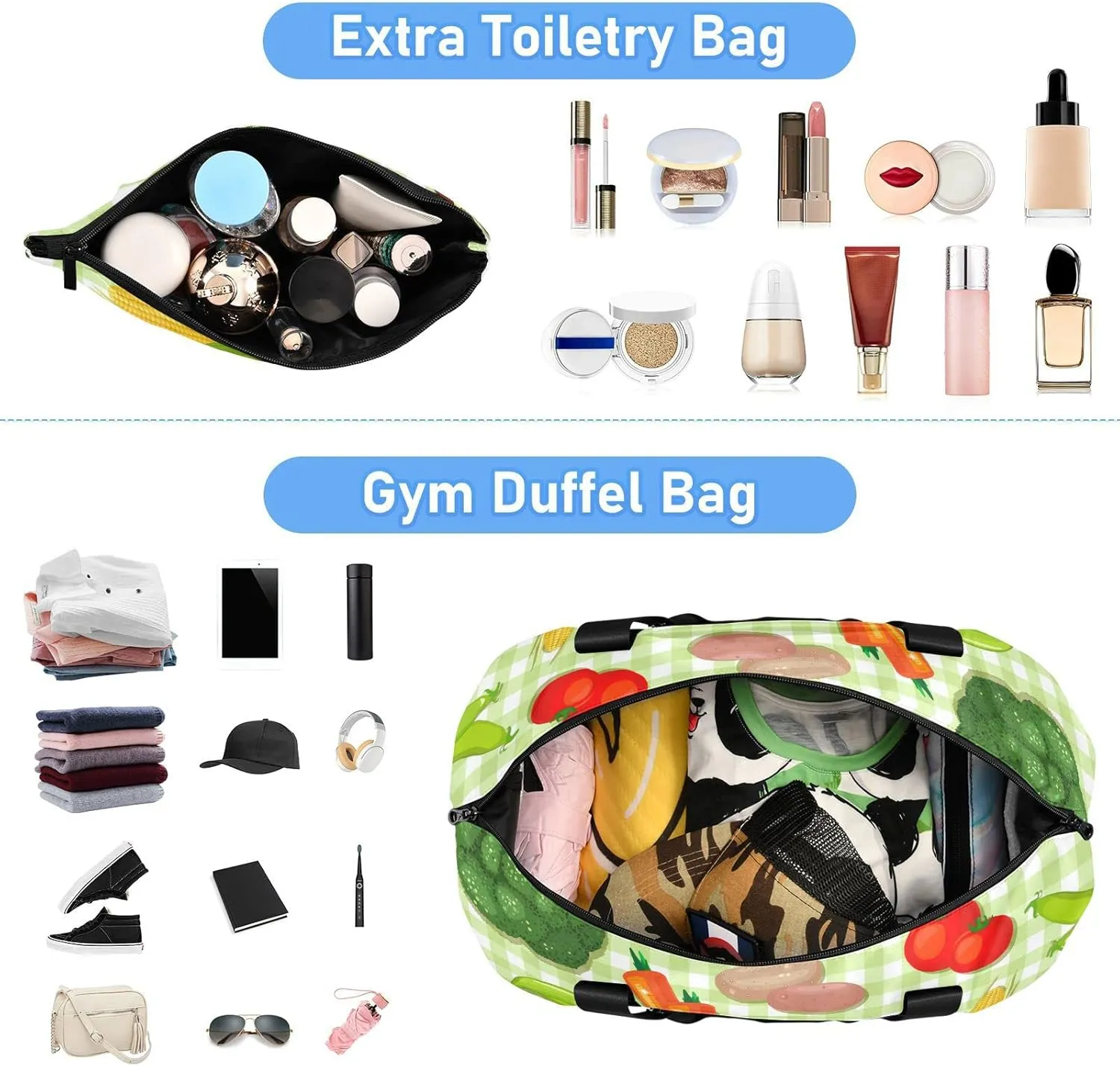 Vegetable Seamless Texture on Green Plaid Checker Foldable Travel Bag, Camping Luggage bag, Portable Gym Bag, Sports Bag, Toiletry Bag with Handles Adjustable Shoulder Strap