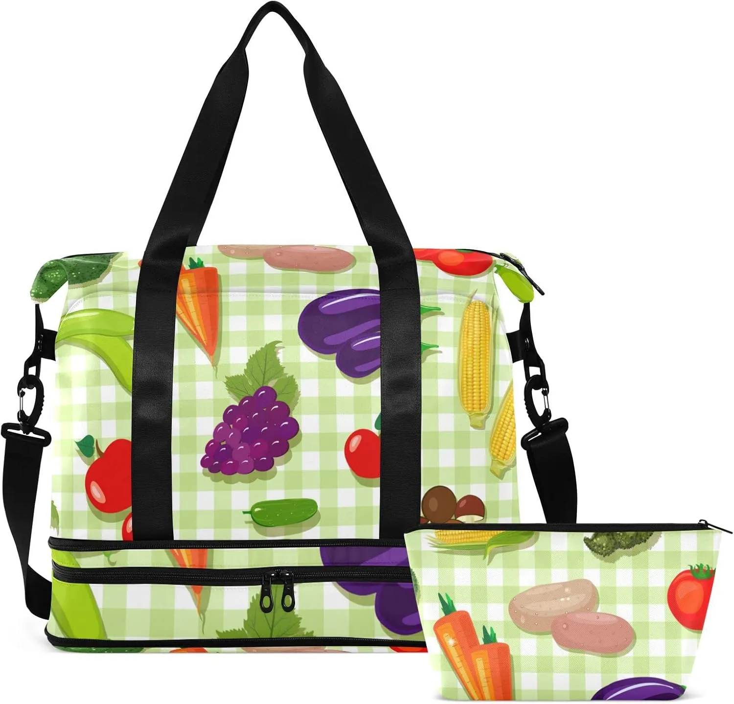 Vegetable Seamless Texture on Green Plaid Checker Foldable Travel Bag, Camping Luggage bag, Portable Gym Bag, Sports Bag, Toiletry Bag with Handles Adjustable Shoulder Strap