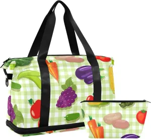 Vegetable Seamless Texture on Green Plaid Checker Foldable Travel Bag, Camping Luggage bag, Portable Gym Bag, Sports Bag, Toiletry Bag with Handles Adjustable Shoulder Strap