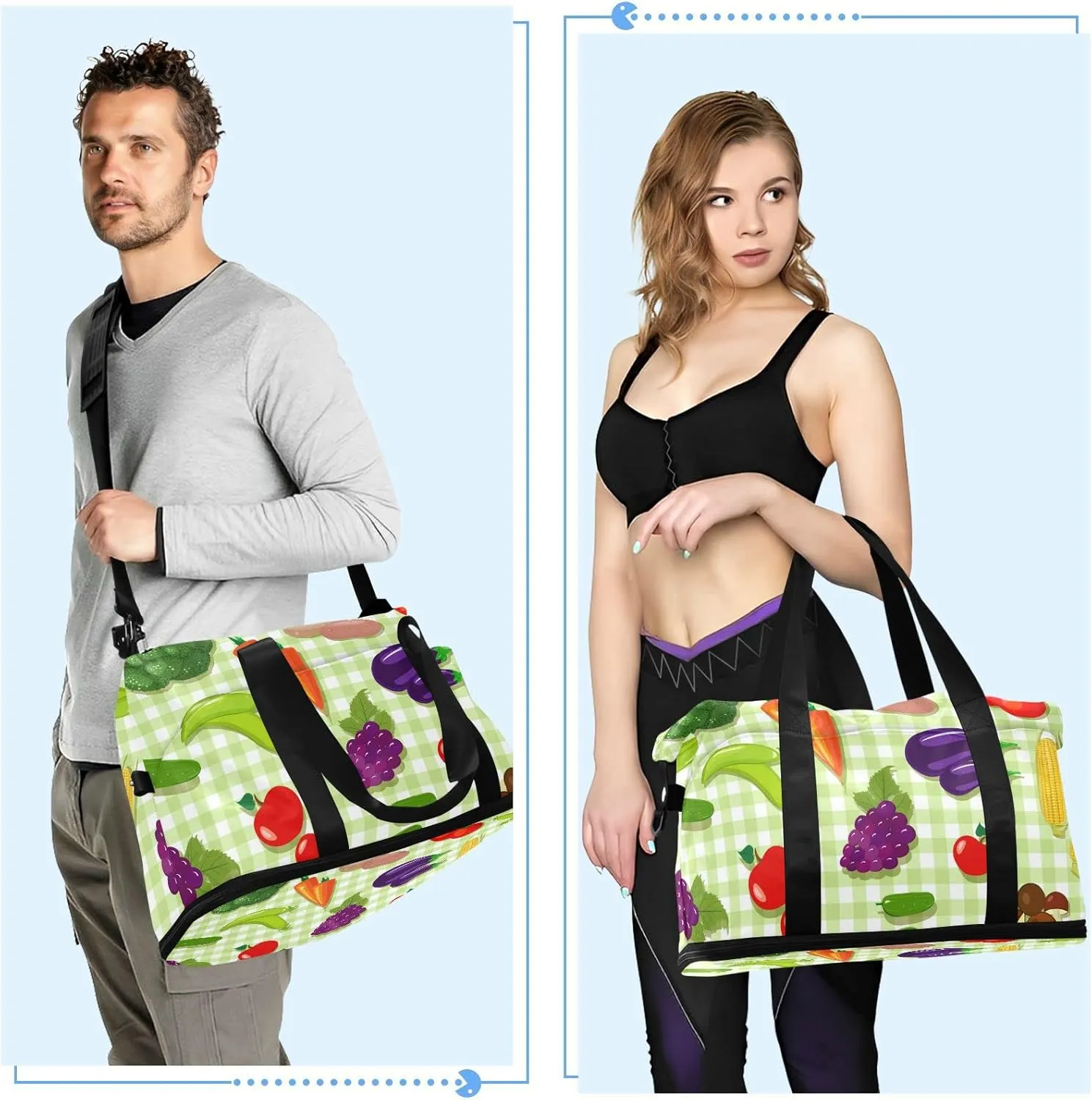 Vegetable Seamless Texture on Green Plaid Checker Foldable Travel Bag, Camping Luggage bag, Portable Gym Bag, Sports Bag, Toiletry Bag with Handles Adjustable Shoulder Strap