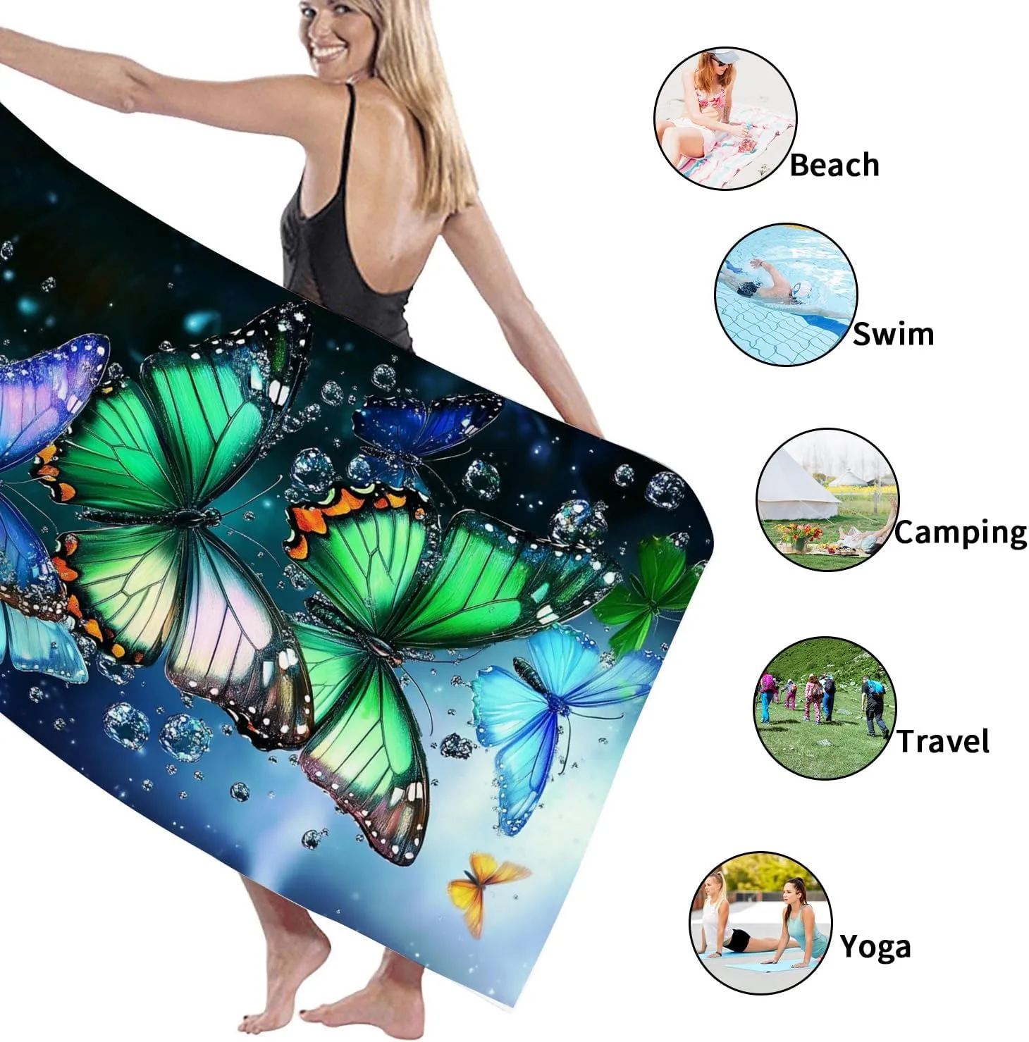 Vibrant Butterfly Microfiber Beach Towel Colorful Butterfly Design Bath Towel, Quick Dry Absorbent Soft Sand Free Oversized Lightweight Beach Blanket, Summer Picnic Essentials 62x31 Inch