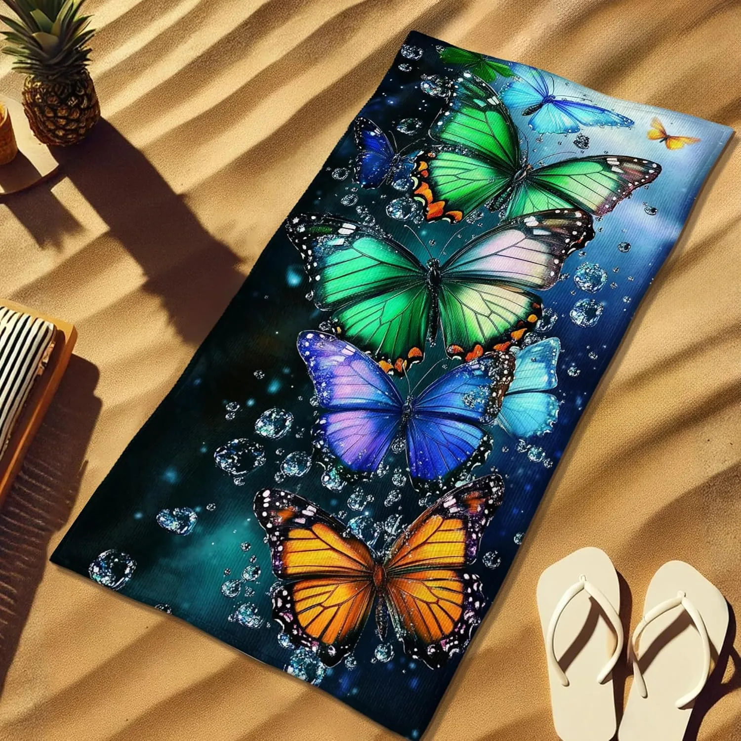 Vibrant Butterfly Microfiber Beach Towel Colorful Butterfly Design Bath Towel, Quick Dry Absorbent Soft Sand Free Oversized Lightweight Beach Blanket, Summer Picnic Essentials 62x31 Inch