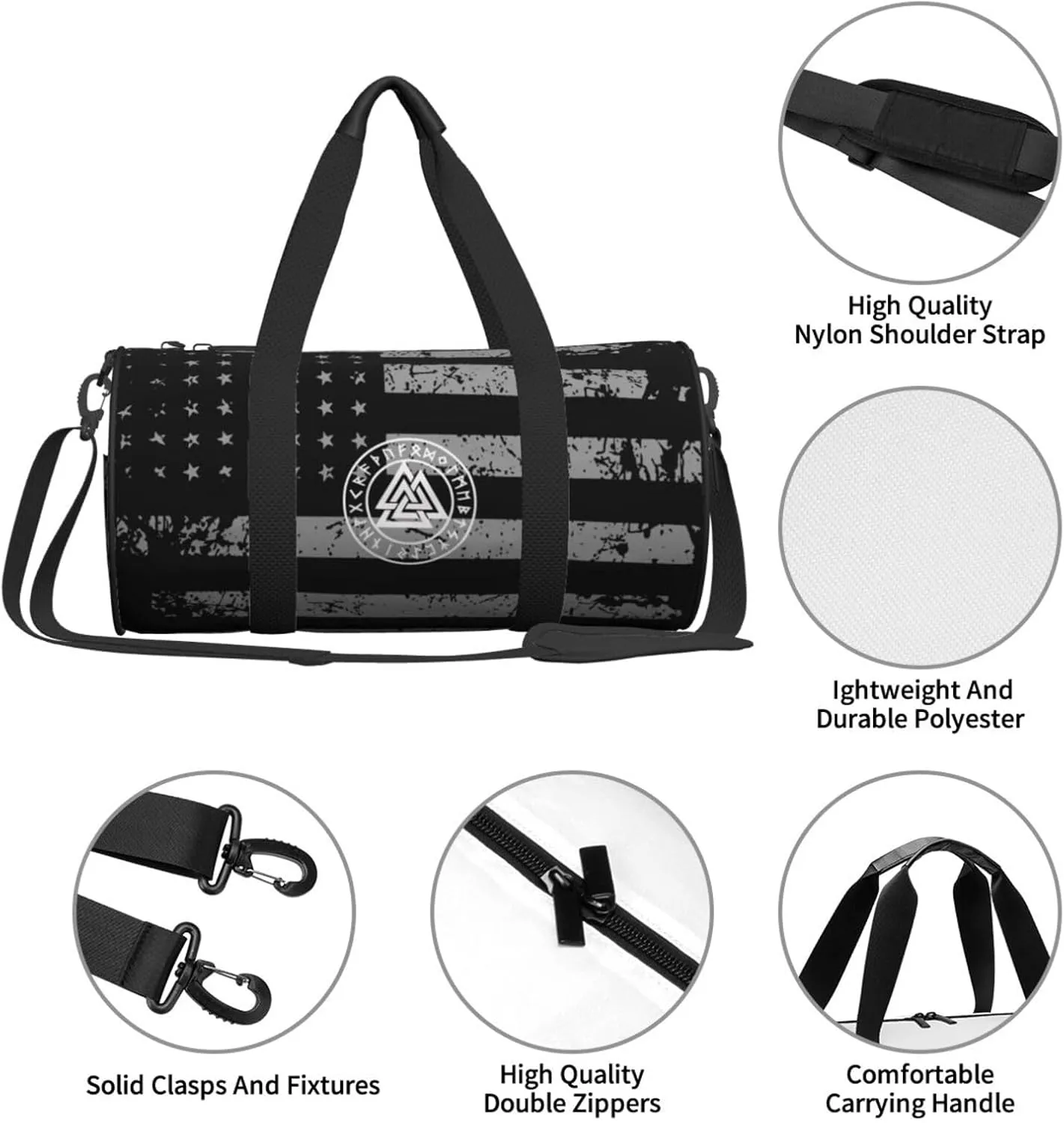 Viking Age Symbol Norse Warrior Travel Luggage Duffel Bag Sports Rolling Foldable Duffel Bag, Black
