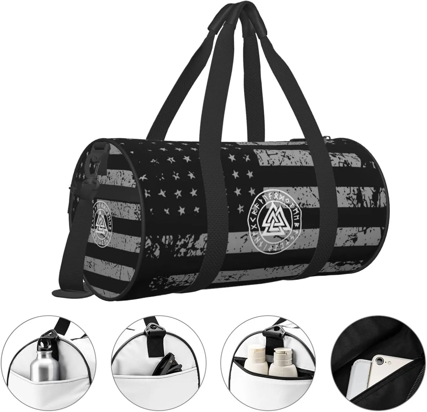 Viking Age Symbol Norse Warrior Travel Luggage Duffel Bag Sports Rolling Foldable Duffel Bag, Black
