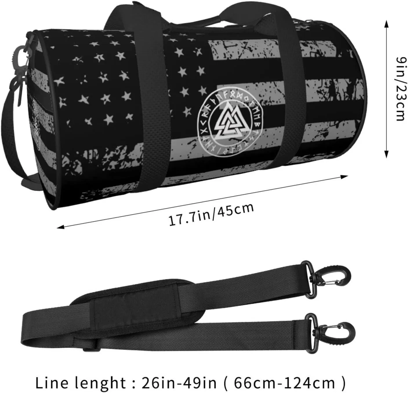 Viking Age Symbol Norse Warrior Travel Luggage Duffel Bag Sports Rolling Foldable Duffel Bag, Black