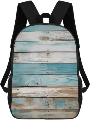 Vintage Beach Wood Old Blue Color Wooden Plank Casual Backpack Lightweight Waterproof Laptop Bag Travel Daypack for Women Men