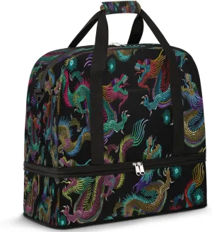 Vintage Embroidery Dragon And Phoenix Travel Duffle Bag, Large Sports Gym Bag with Shoe Compartment, Waterproof Carry on Tote Bag, Foldable Weekender Overnight Bag for Women Men