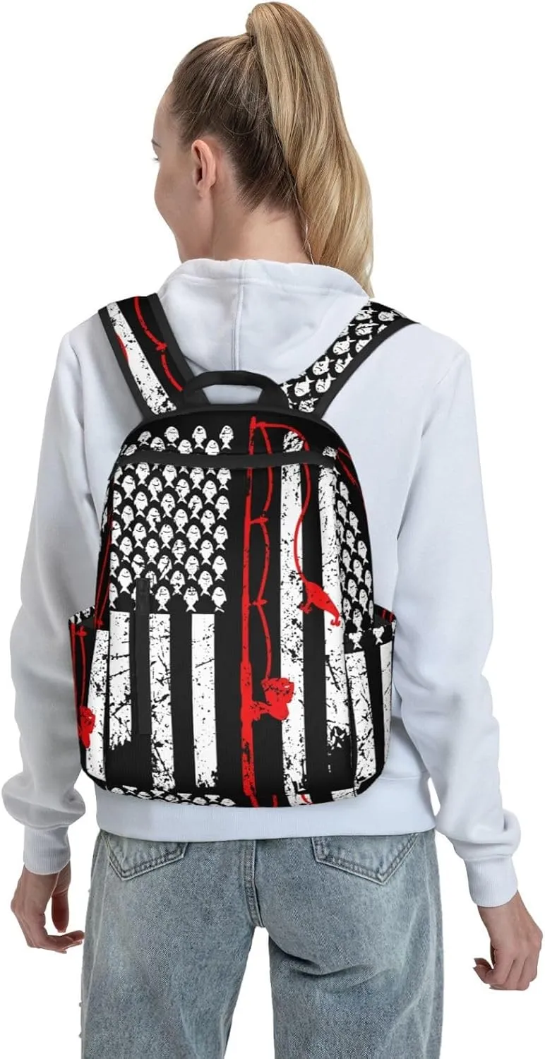 Vintage Fishing American Flags Casual Backpacks Laptop Backpack Outdoor Travel Rucksack Sport Carry-On Daypack Lightweight Bag with Multi-Pockets