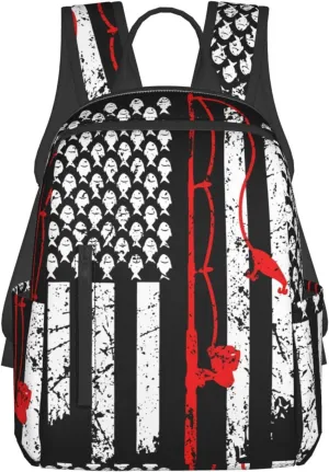 Vintage Fishing American Flags Casual Backpacks Laptop Backpack Outdoor Travel Rucksack Sport Carry-On Daypack Lightweight Bag with Multi-Pockets