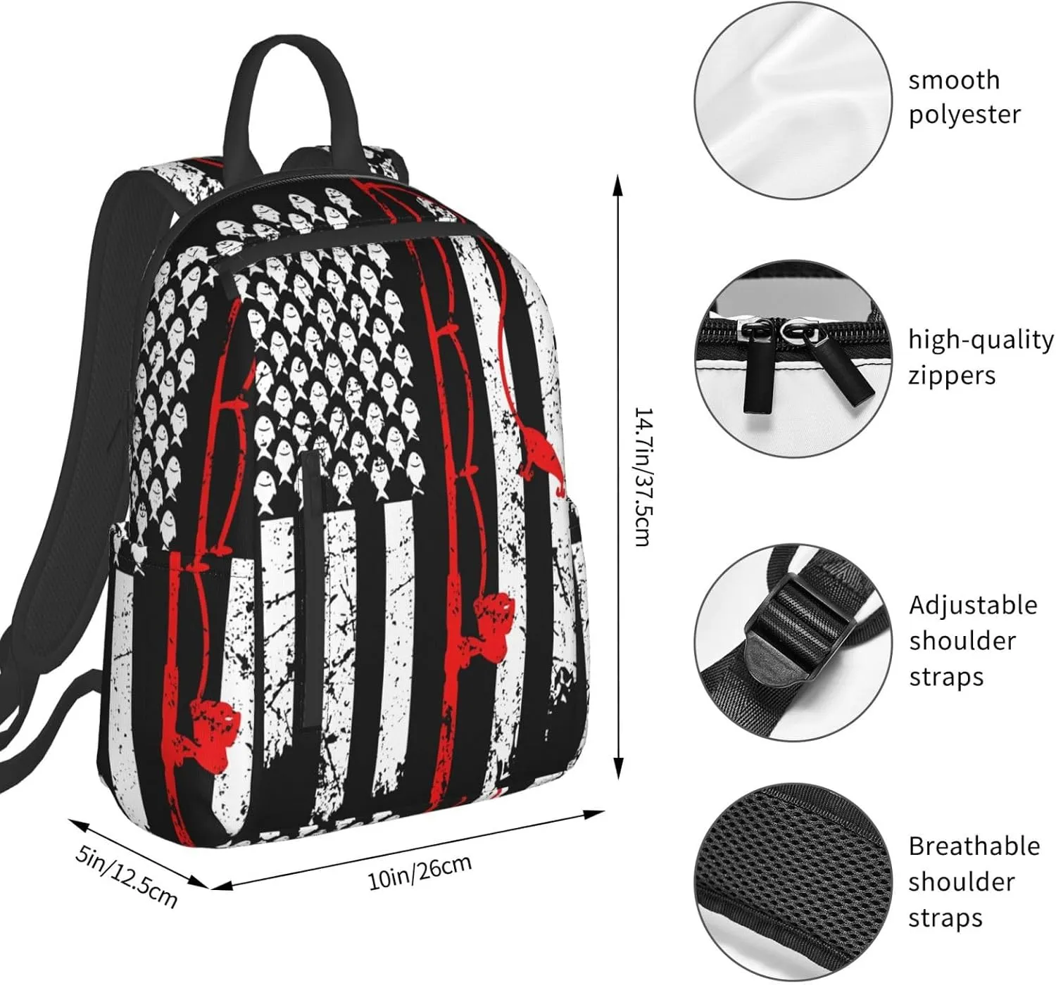 Vintage Fishing American Flags Casual Backpacks Laptop Backpack Outdoor Travel Rucksack Sport Carry-On Daypack Lightweight Bag with Multi-Pockets