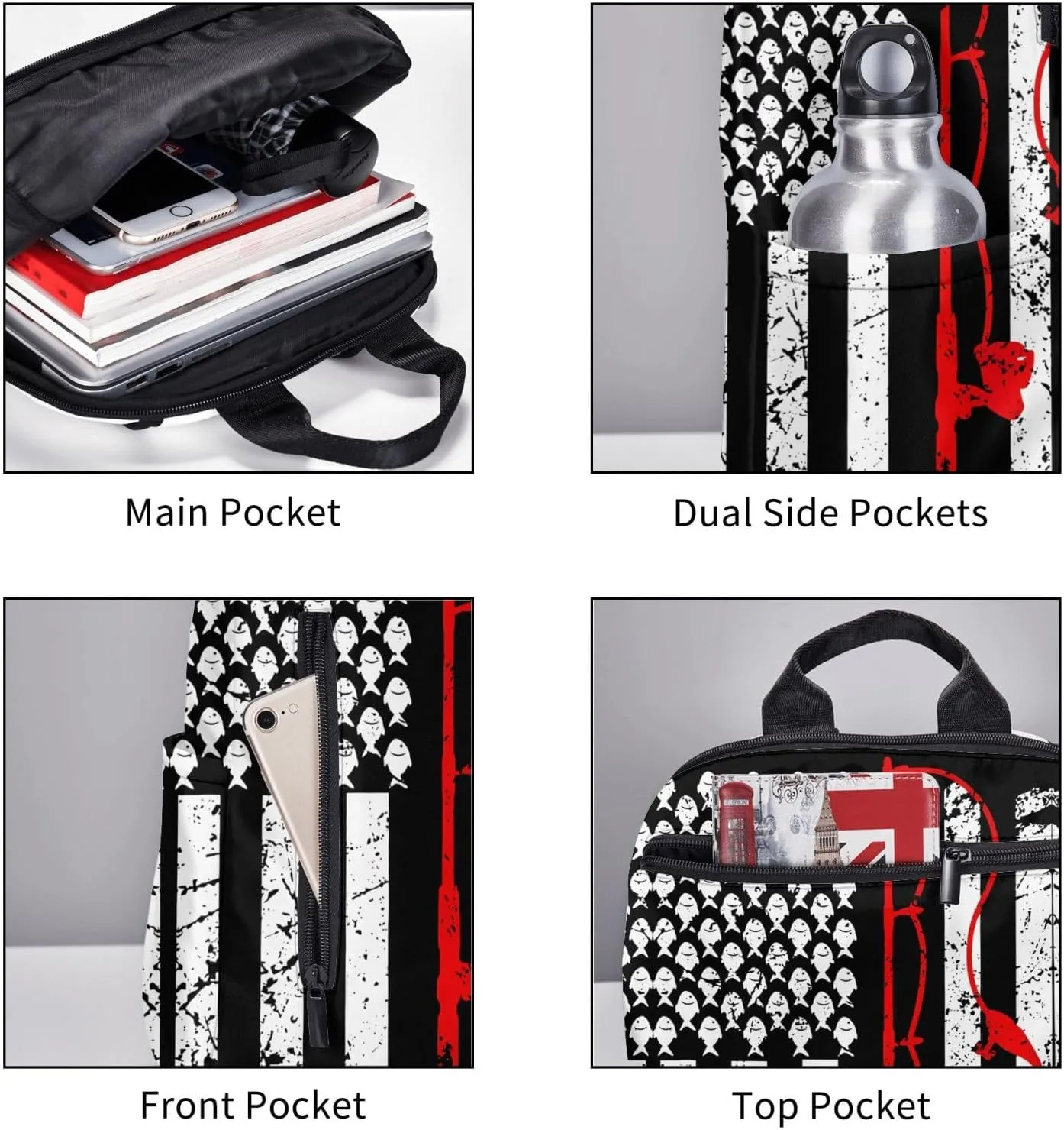 Vintage Fishing American Flags Casual Backpacks Laptop Backpack Outdoor Travel Rucksack Sport Carry-On Daypack Lightweight Bag with Multi-Pockets