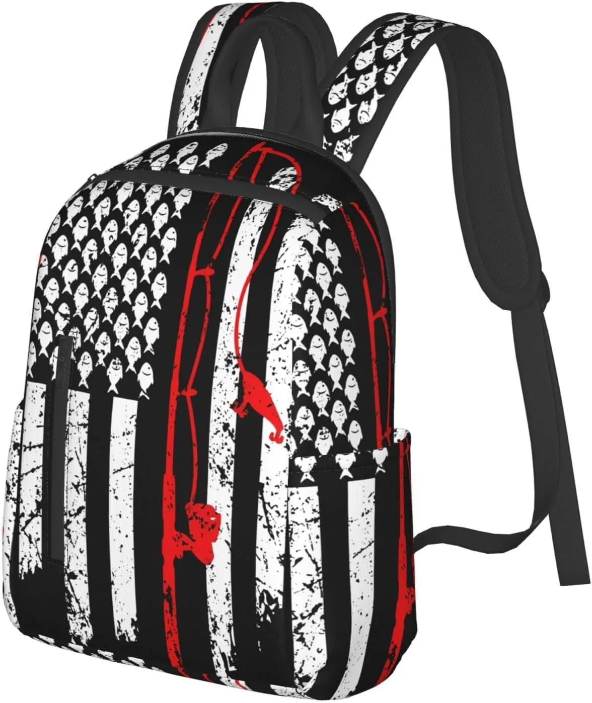 Vintage Fishing American Flags Casual Backpacks Laptop Backpack Outdoor Travel Rucksack Sport Carry-On Daypack Lightweight Bag with Multi-Pockets