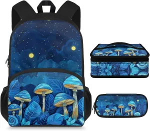 Vintage Mushroom Kindergarten Backpack Set for Girls Primary Portable Bag for School Large Capacity Adjustable Shoulder Bag for Girls Backpack and Lunch Box Set of 3