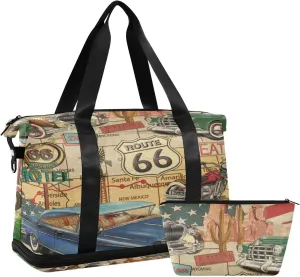 Vintage Route 66 Poster Car Motorcycle on American Flag Foldable Travel Bag, Camping Luggage bag, Portable Gym Bag, Sports Bag, Toiletry Bag with Handles Adjustable Shoulder Strap