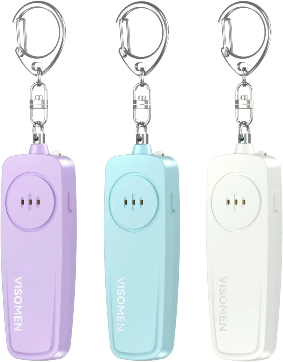 Visomen Personal Safety Alarm Keychain,Loud Siren with Flashing Lights, Portable Emergency Device, 3-Pack, Purple Blue White,Gifts for Women,Children,Presents for Elders