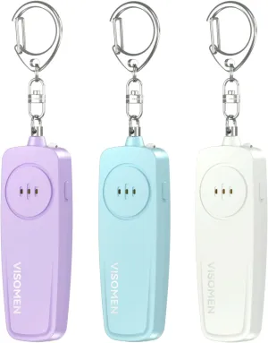 Visomen Personal Safety Alarm Keychain,Loud Siren with Flashing Lights, Portable Emergency Device, 3-Pack, Purple Blue White,Gifts for Women,Children,Presents for Elders