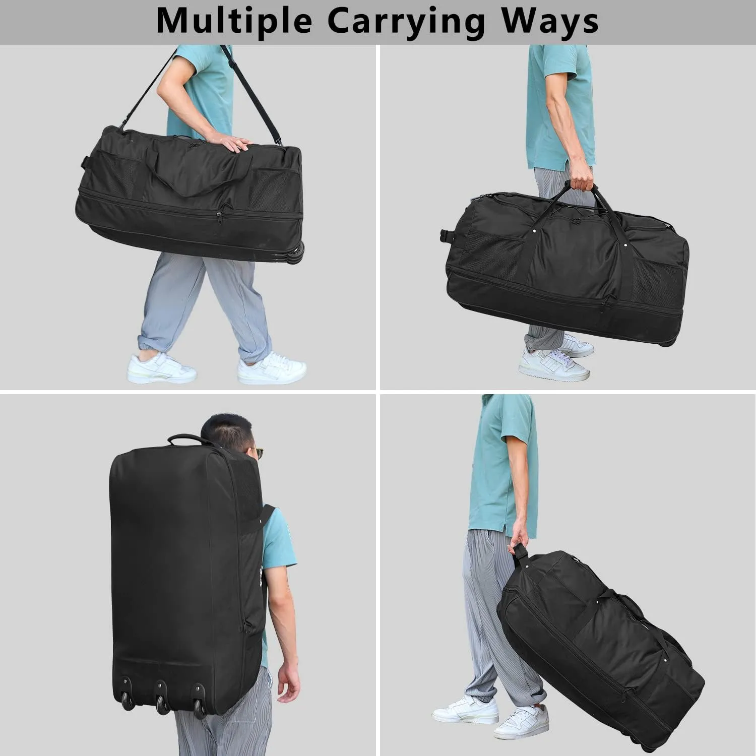 Vomgomfom 75L/100L/110L/140L 25"/31.5" Expandable Duffle Bag with 2 Wheels,Foldable Travel Duffel Bag with Large Convertible Compartment Pocket