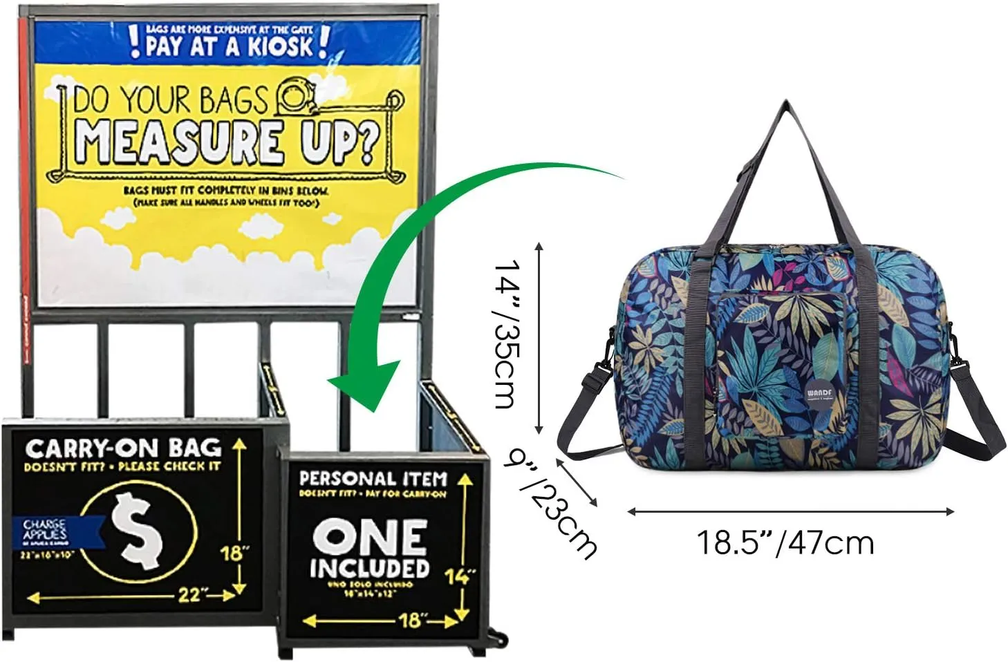WANDF For Spirit Airlines Personal Item Bag 18x14x8 Foldable Travel Duffel Carry on Weekender Overnight for Women Men